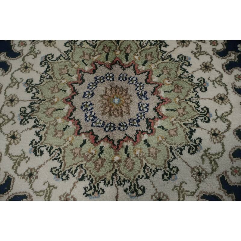 Hand Knotted Oriental Silk Carpet Traditional Floral Navy Blue & Blues Kashmar Area Rug - 7' 10'' X 5' 0''