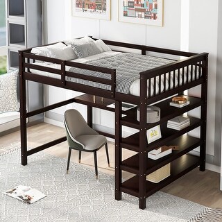 Full Size Loft Bed with Desk and Storage Shelves, Espresso