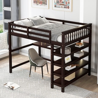 Wood Loft Bed w/Desk, Full Size Loft Bed w/Shelves and Under Bed Desk