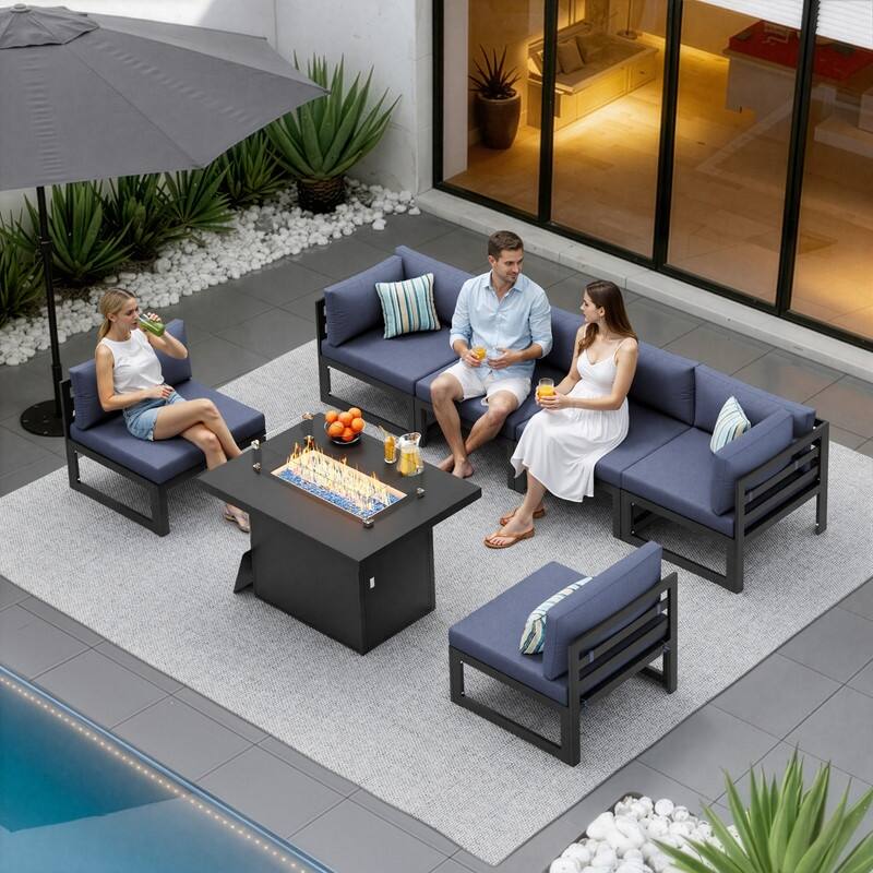 7 Piece Aluminum Patio Furniture Set with Fire Pit Propane/Gas, 29 inch Deep Wide Seat Aluminum Outdoor Sectional