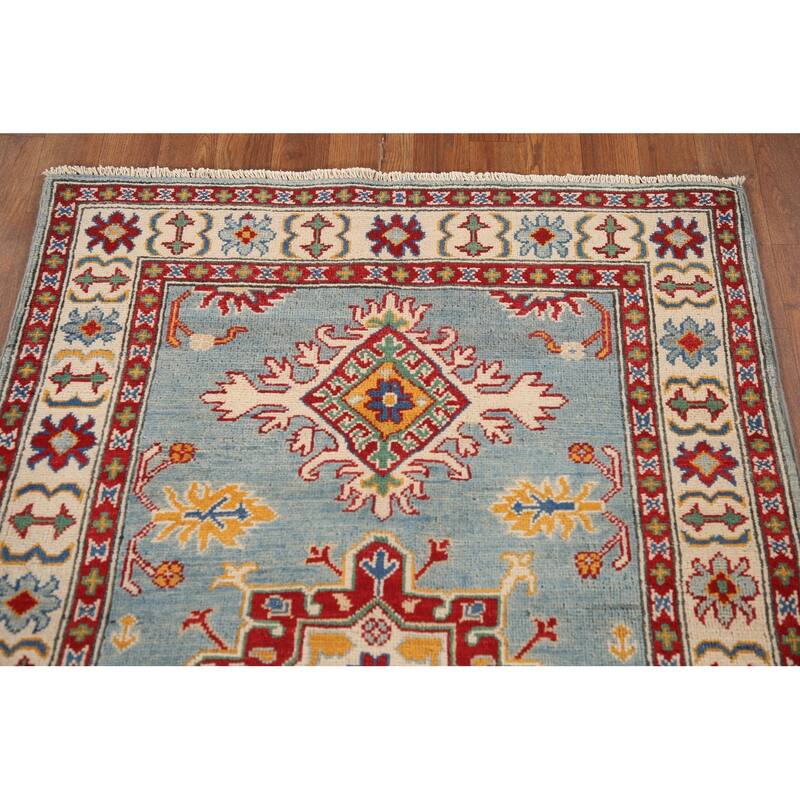 Light Blue Geometric Kazak Oriental Accent Rug Handmade Wool Carpet - 3'3"x 5'1"