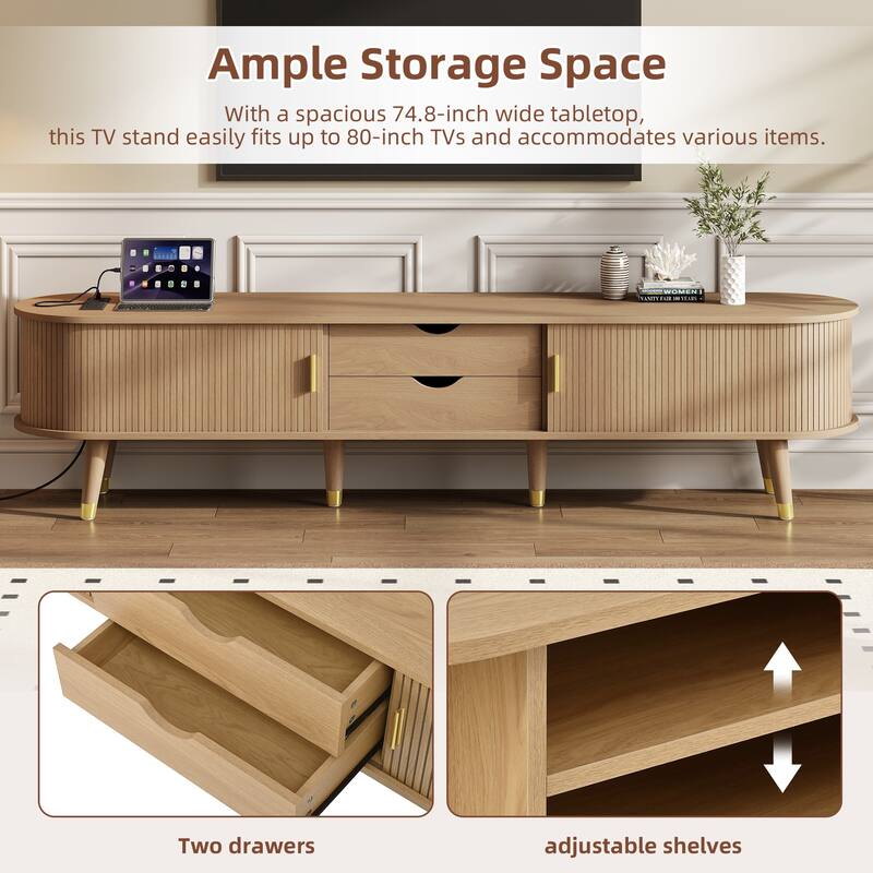Wooden TV Stand and Coffee Table Set of 2, Sliding Door TV Cabinet TV Console with Charging Station for TVs up to 80", Natural