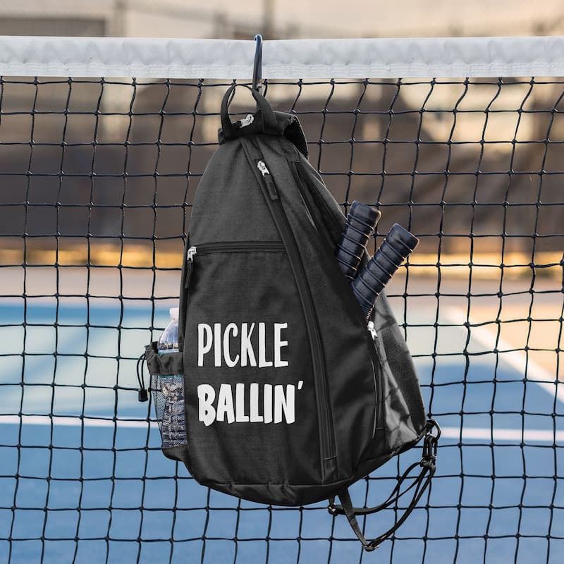 Sweet Jojo Designs Black Collection Pickleball Bag Sling Backpack Crossbody - Sports Pun Funny Quote Sayings Pickle Ballin'