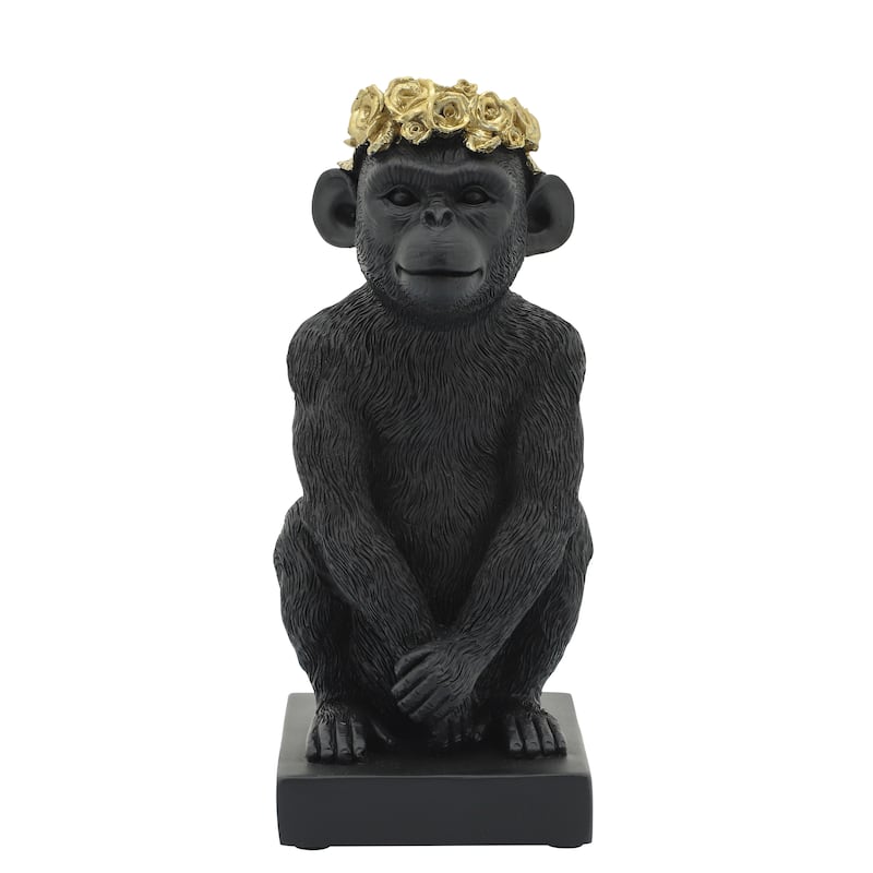 Res, 8" Monkey Flower Crown Figurine, Blk, gld 8"H - 5.0" x 3.0" x 8.0" - 5.0" x 3.0" x 8.0" - Black