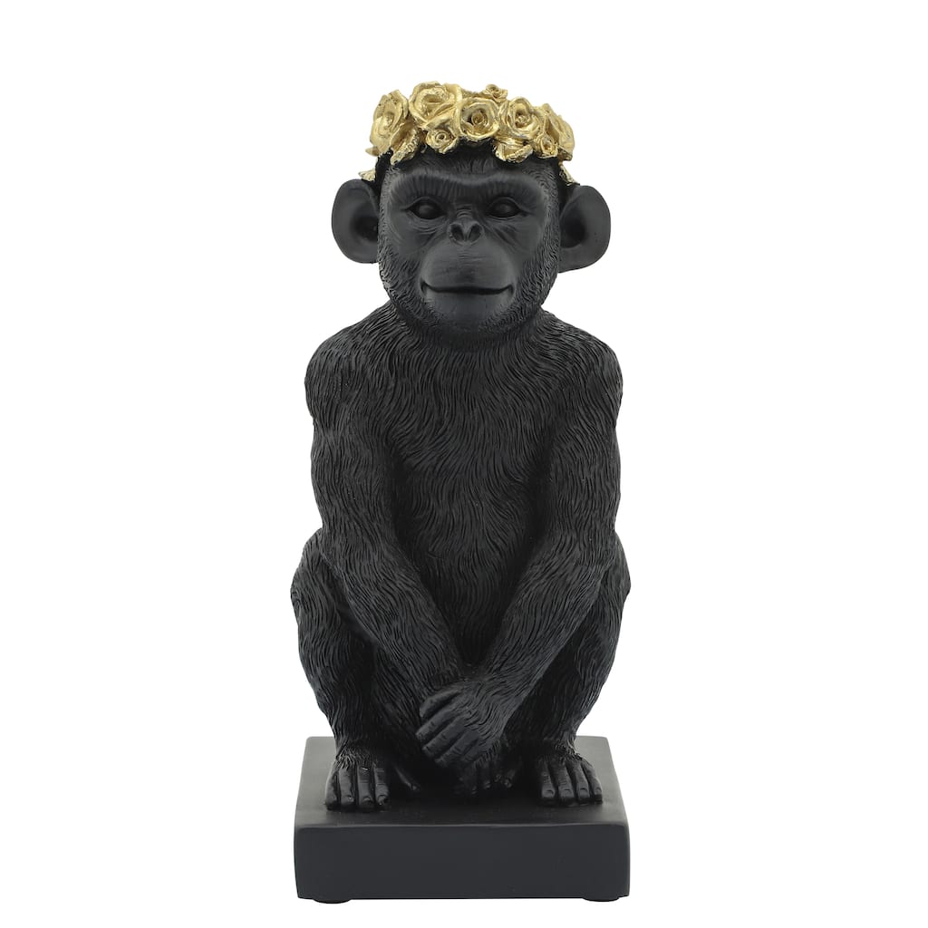 Res, 8" Monkey Flower Crown Figurine, Blk, gld 8"H - 5.0" x 3.0" x 8.0"