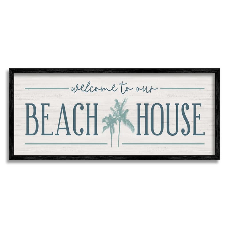 Stupell Welcome to Beach House Sign Blue Palm Trees Framed Wall Art - Green - 30 x 13 - Black