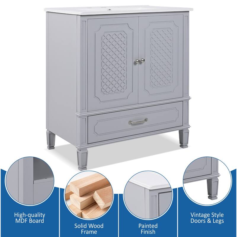 30" Bathroom Vanity with Smooth Ceramic Sink, Adjustable Shelf, Vintage Style with Door Shelf and Drawer