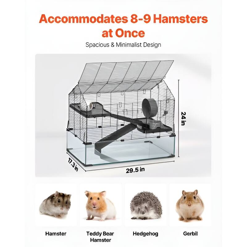 Large Tempered Glass Hamster Cage with Panoramic View & Metal Mesh Top - 29.5 x 17.3 x 24 inches