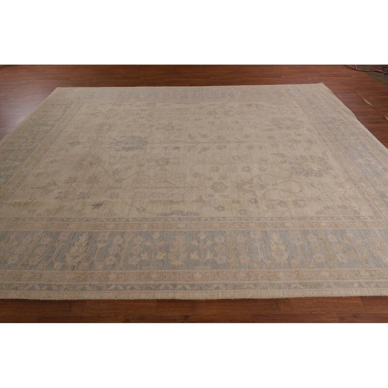 Vegetable Dye Oushak Turkish Area Rug Hand-Knotted Beige Wool Carpet - 9'1" x 11'5"