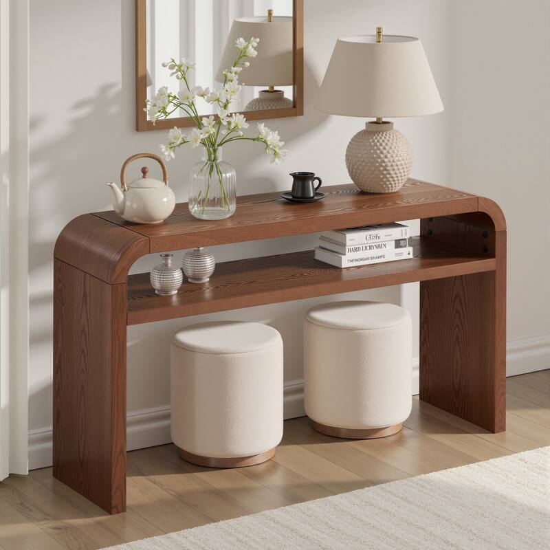 59.4" 2-Tier Curved Long Console Table with Solid Oak Wood Veneer - 59.45"L x 13.78"W x 32.87"H