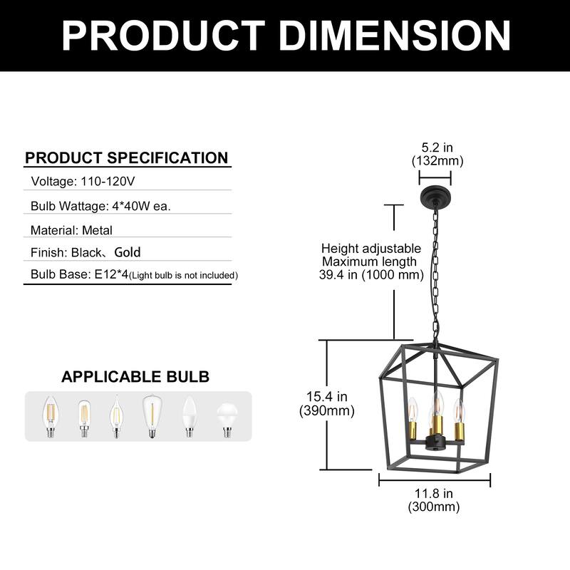 4-Light Farmhouse Birdcage Chandelier in Black Gold Finish