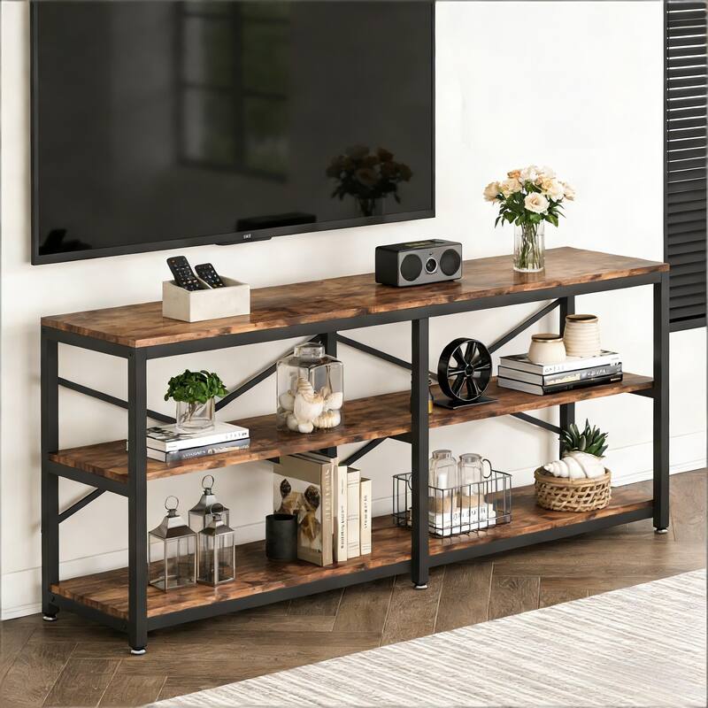 Rustic Farmhouse 3-Tier Hall Console Table - Black,Rustic Brown