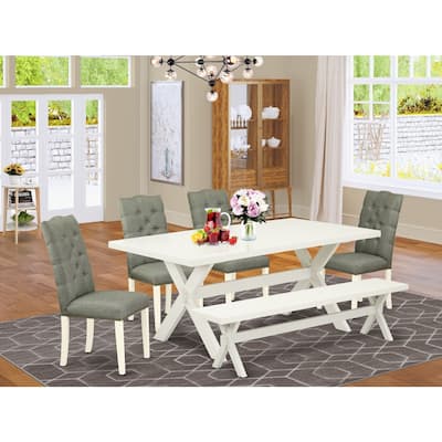 Modern 6-Piece Dinette Set - Linen Fabric Chairs & Bench with Wood Table - Dining Room Table Set