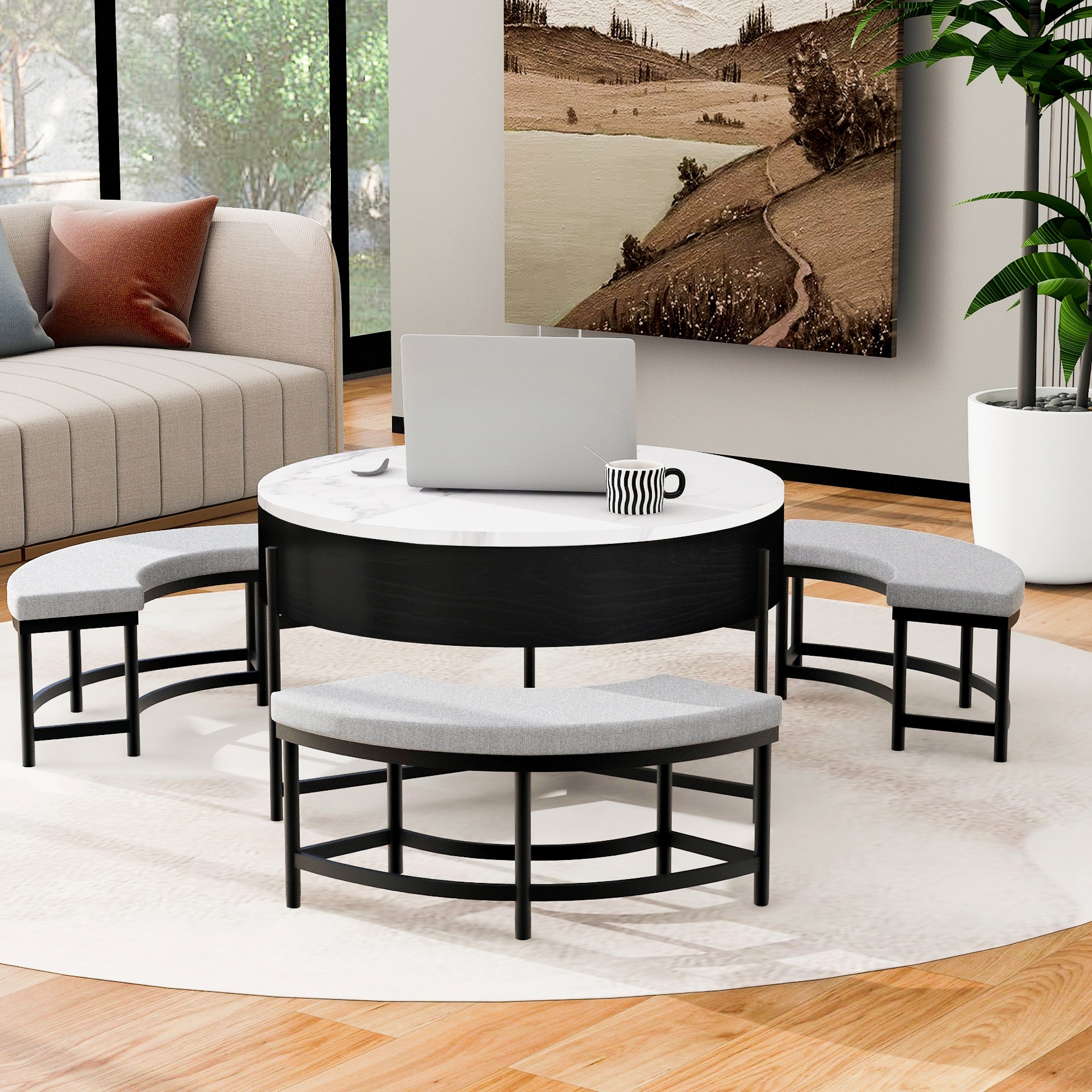 Round LiftTop Coffee Table with Storage and 3 Ottomans for Living Room