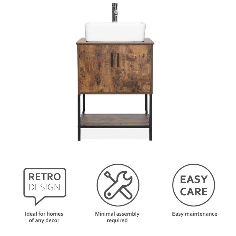 24" Bathroom Vanity Sink Set Brown Free-standing Manufactured Wood with Sink Faucet Drain Combo