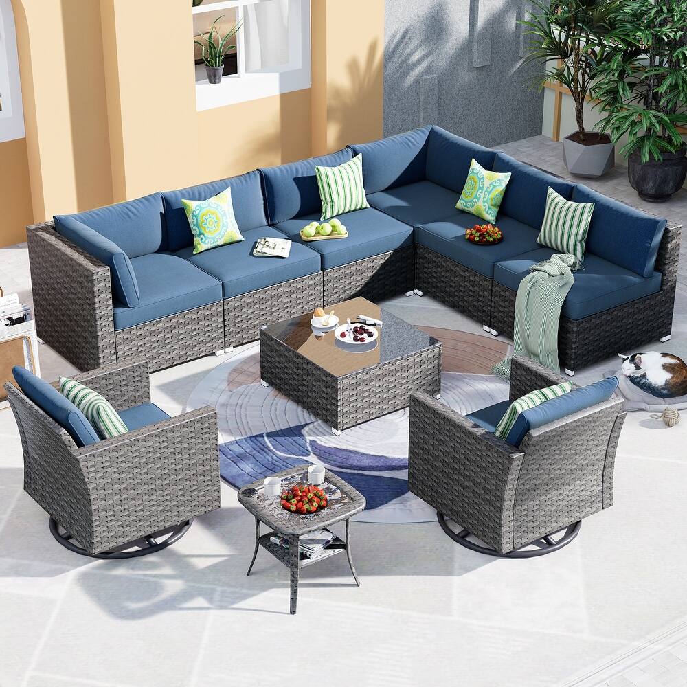 OVIOS 10-Piece Low-profile Swivel Chairs Wicker Outdoor Patio Furniture Set