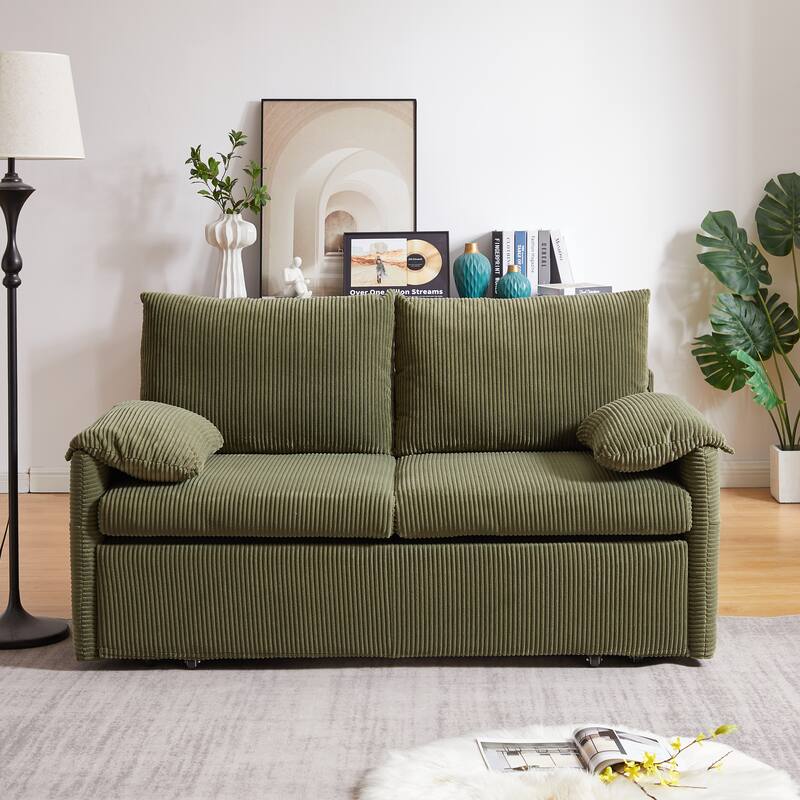 65" Corduroy 2-Seater Sleeper Sofa, 3-in-1 with Storage and Side Pocket