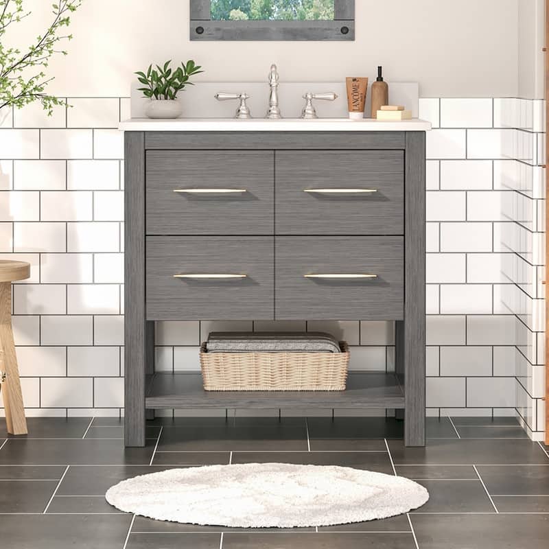 30-Inch Bathroom Vanity with Single Sink – Wood Grain Finish, Space-Saving - Grey