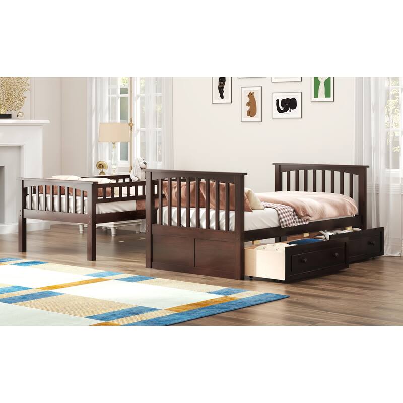 Convertible Twin Bunk Bed with Storage Drawers, Espresso Finish, Solid Pine & MDF Construction