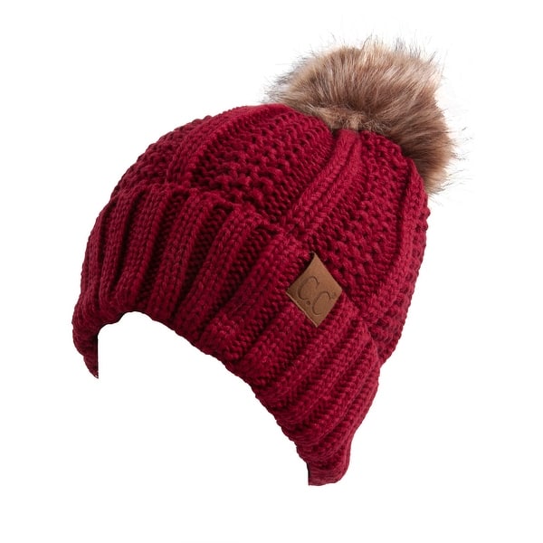 Shop C C Fleece Lined Cable Knit Faux Fuzzy Fur Skull Cap Cuff Beanie With Pom Overstock 30338648