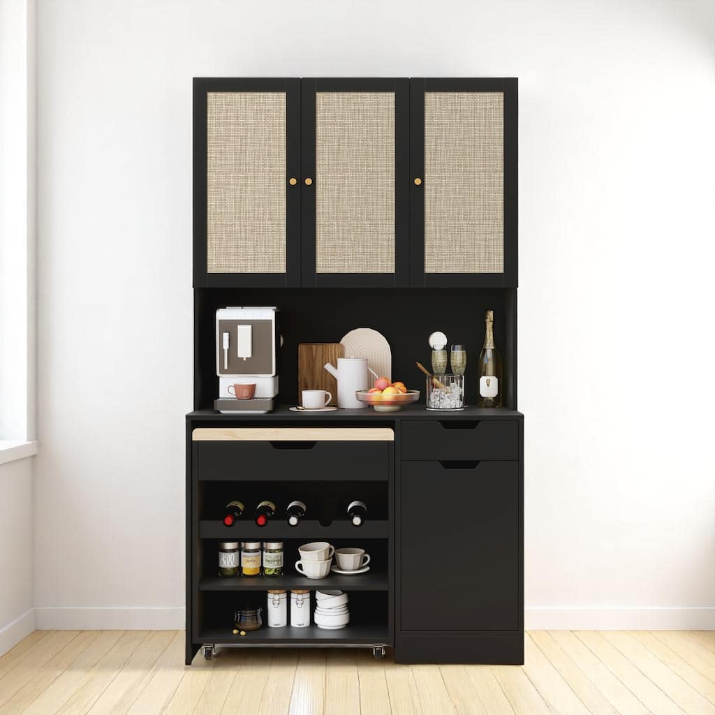 Black 69.3" Tall Kitchen Hutch Cabinet with Removable Cart, Microwave Shelf, Adjustable Shelves and Rattan Doors