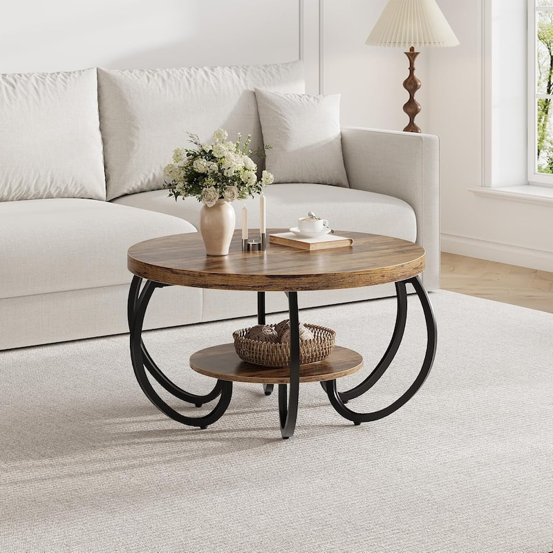 30 Inch 2 Tier Rustic Coffee Table with Storage Shelf for Small Spaces Apartments Office - N/A