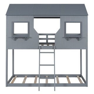 Twin Bunk Bed with Playhouse Roof, Windows, and Safety Rails