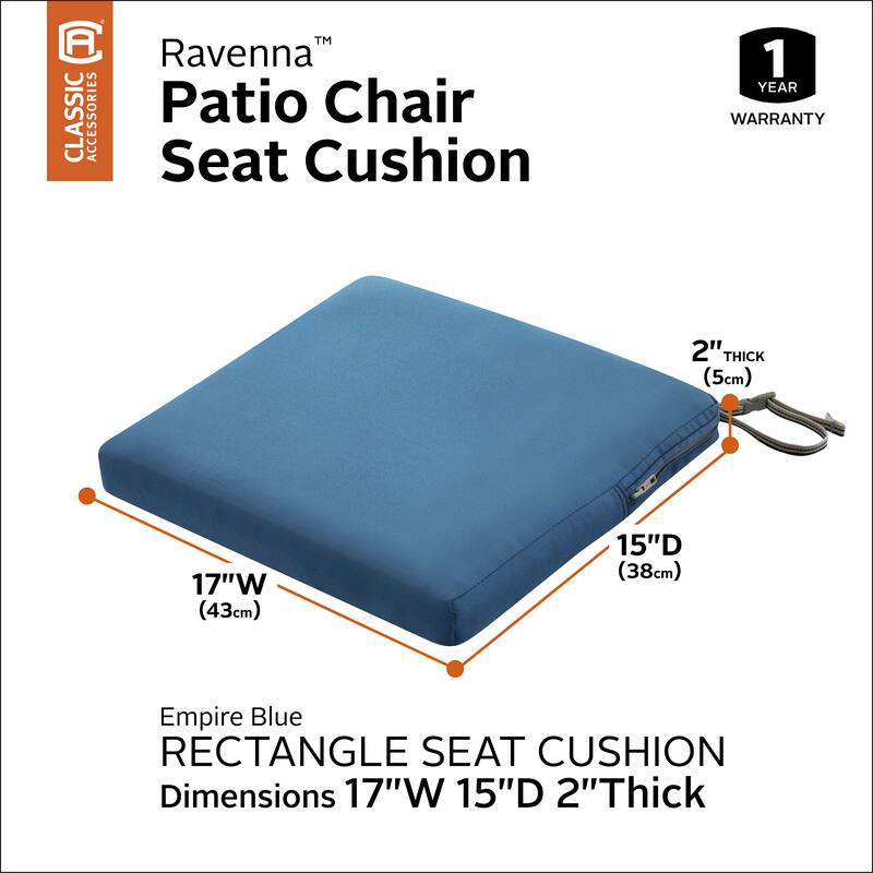 Classic Accessories Ravenna Water-Resistant 17 x 15 x 2 Inch Patio Seat Cushion Slip Cover, Empire Blue