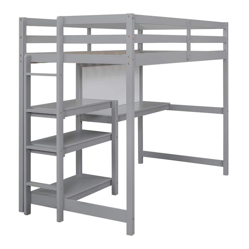 Gray Wooden Loft Bed with 3-Layer Shelves, Desk, and Writing Board, Full-Length Guardrail