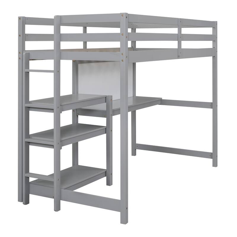 Multi-Functional Twin/Full Loft Bed with Built-In Desk, 3-Tier Shelves, and Writing Board, No Box Spring Needed, White/Grey