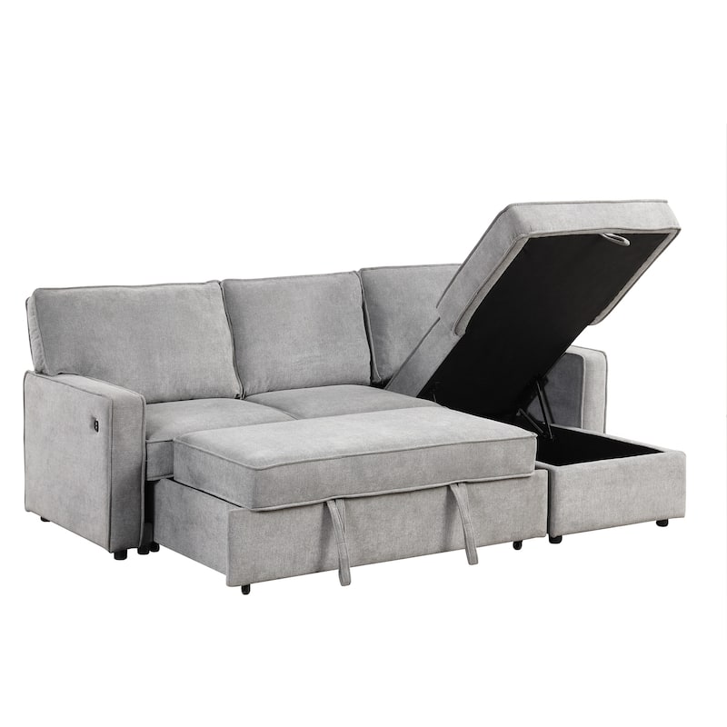 Gray Polyester Sleeper Sectional Sofa with Storage, Cup Holders & USB, 89x59x38 inches, 245 Pounds