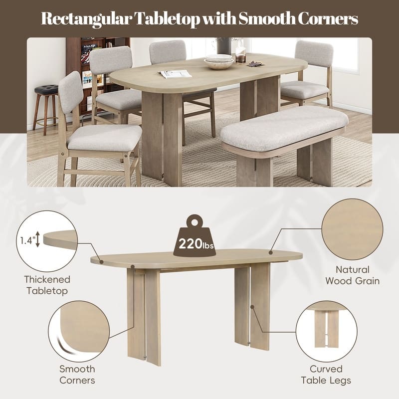 Farmhouse 6-Piece Dining Table Set, Solid Wood Dining Table and 4 Upholstered Chairs & 1 Bench