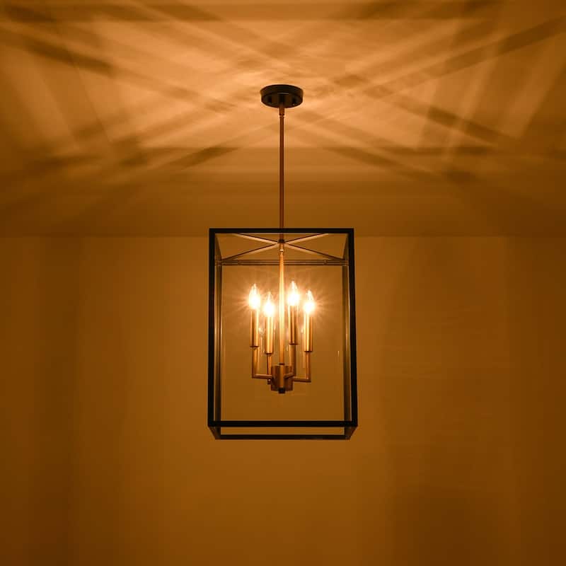 Black Brass 4-Light Metal Square Clear Glass Cage Chandelier