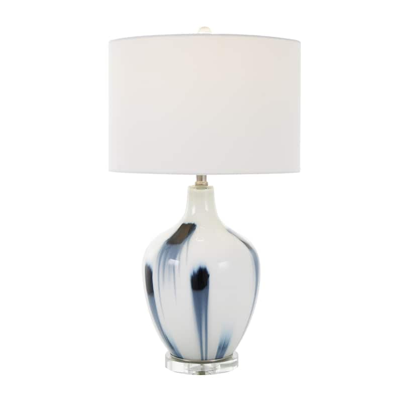 White Glass Abstract Room Accent Lamp with Blue Drip Splatter Design