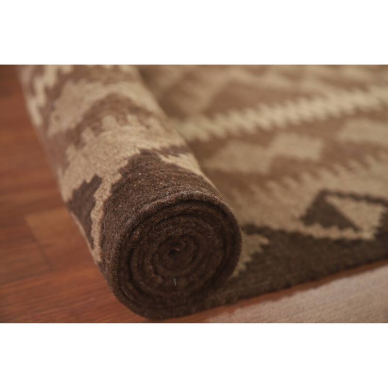 Hand Woven Oriental 100% Wool Carpet Southwestern Geometric Brown Kilim Area Rug - 9' 4'' X 6' 8''