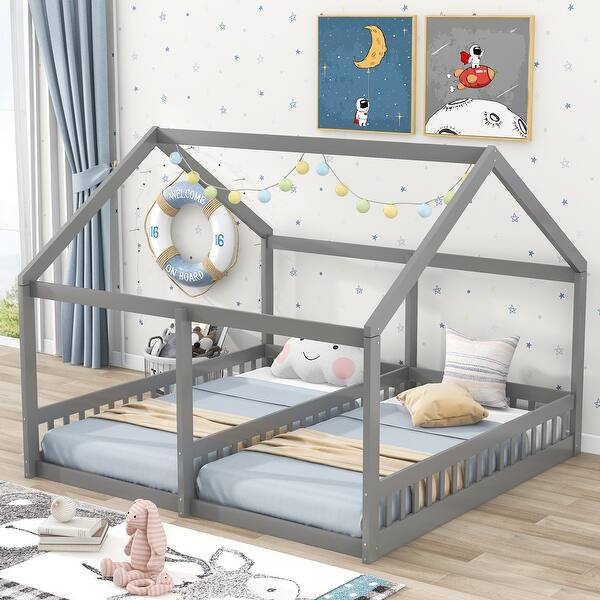 slide 2 of 20, Twin Size House Platform Beds, 2-in-1 Shared Beds with Railing, Sturdy Pine and MDF Construction, Safe Design, Grey Grey