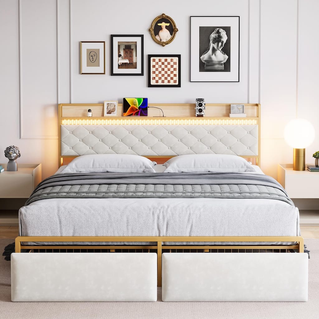 Led Bed Frame with Headboard and 2 Storage Drawers, Upholstered Platform Bed with Charging Station