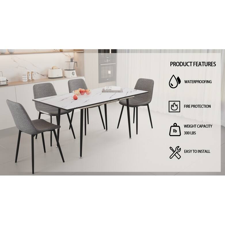 Scalable modern dining table and chair set, for 2-6 people, 4-piece set, medieval dining table set, metal base and linen chair