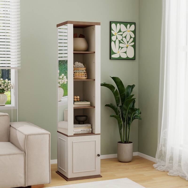 Antique White 360-degree Rotating Storage Cabinet with Full-Length Mirror