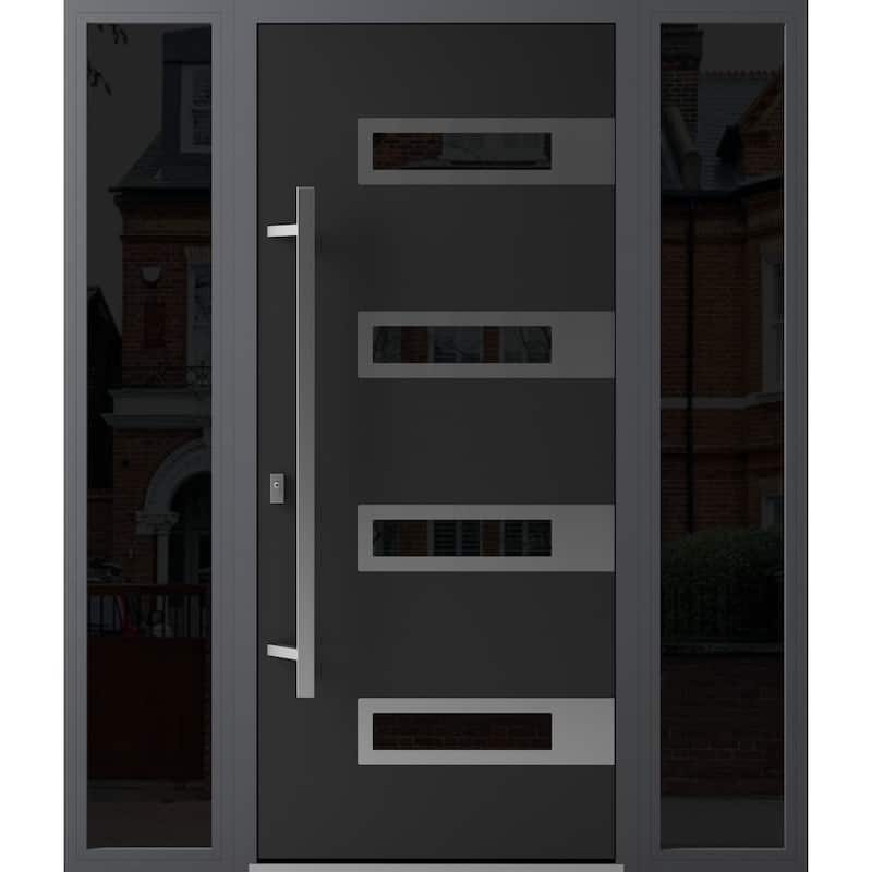 Front Exterior Prehung Steel Door Ronex 0131 Black Enamel Stainless Inserts Entry Metal Painted W36xH80 Left hand Inswing - Black - 68 x 80