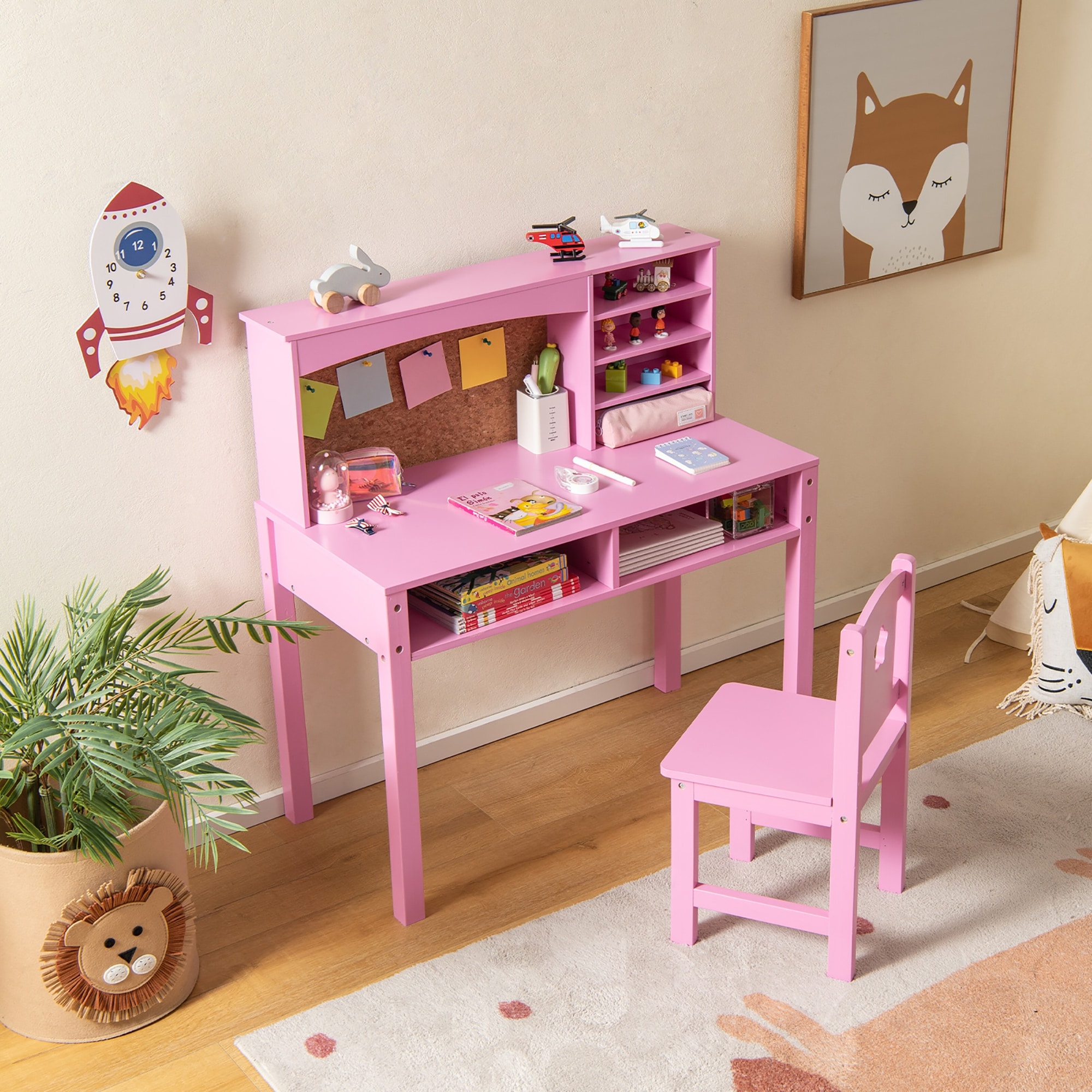 Kids Wooden Corner Desk and Chair Set with Hutch and Storage-White | Costway