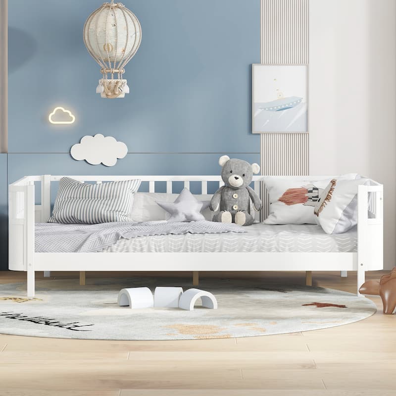 Multi Size Low Platform Bed for Kids with Rounded Corners Guardrails, Detachable Right-side Fence and Open Left-side Design