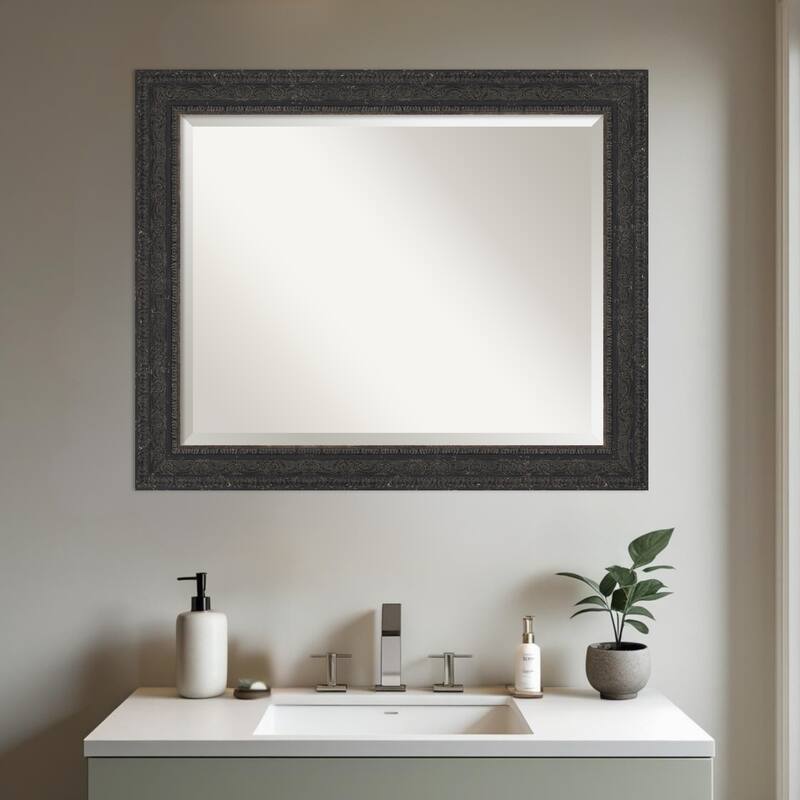 Attic Aged Beveled Wood Framed Bathroom Vanity Wall Mirror