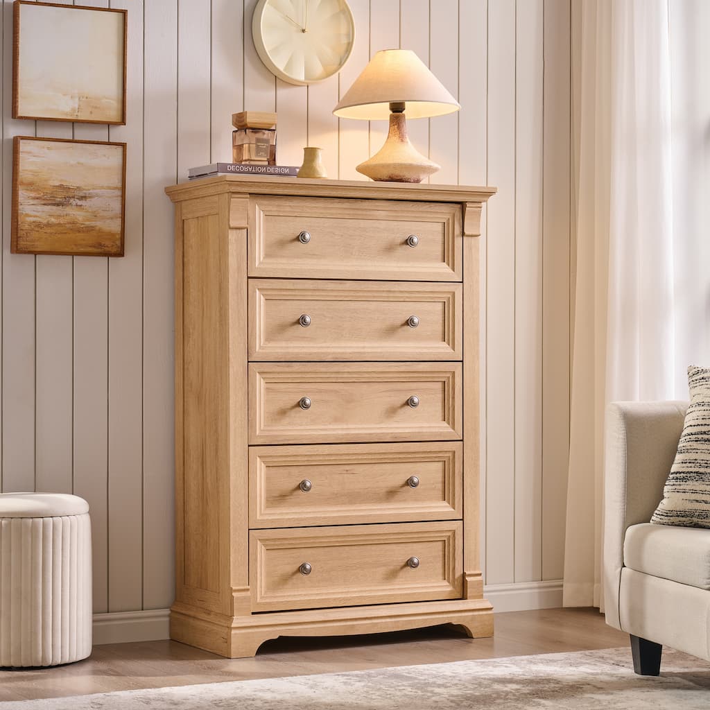 Farmhouse 5 Drawers Dresser, Wood Rustic Chest of Drawers for Bedroom