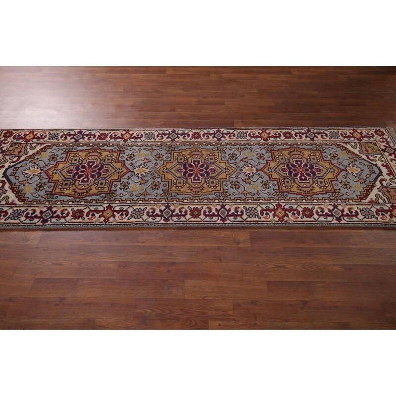 Light Blue Heriz Serapi Oriental Runner Rug Hand-Knotted Wool Carpet - 2'6"x 8'1"