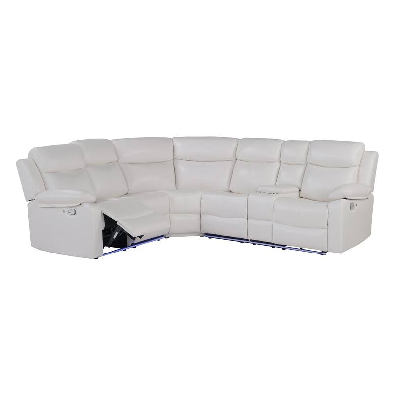 HomeRoots Off White Faux Leather Reclining Curved Six Piece Sectional With LED And Console