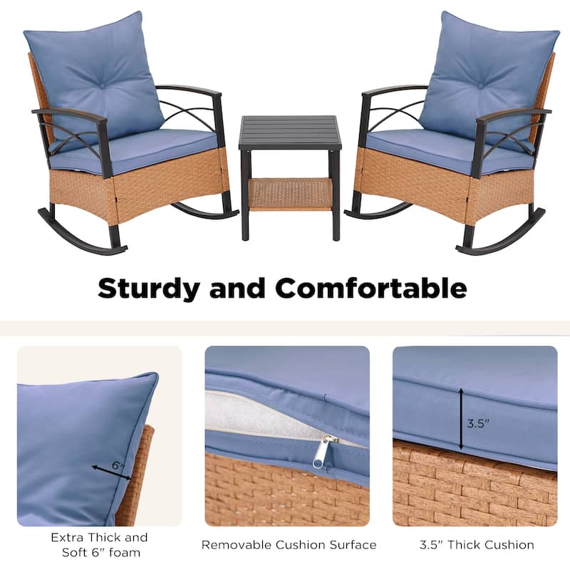3-Piece Outdoor Rocking/Swivel Chair Set - PE Rattan Patio Furniture with Cushions & Coffee Table, Rocker Chairs for Backyard
