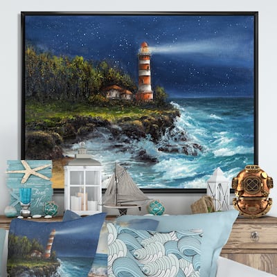 Designart "Lighthouse At Night" Nautical & Coastal Framed Canvas Art Print