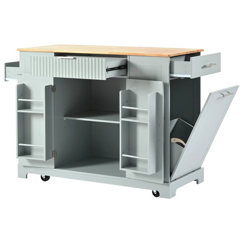 Rolling Kitchen Islands on 5 Wheels with 3 Drawer, 3 Open Side Racks for 10 Gallon Garbage Bin