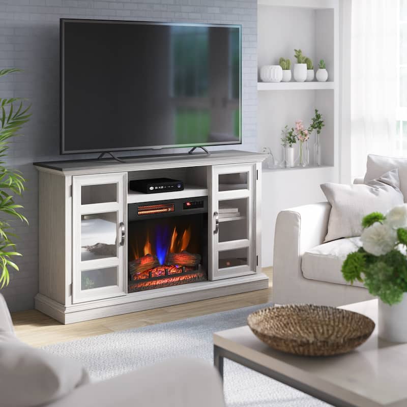 duraflame® Electric Fireplace Entertainment Center with Glass Cabinet Storage, Blanco Oak
